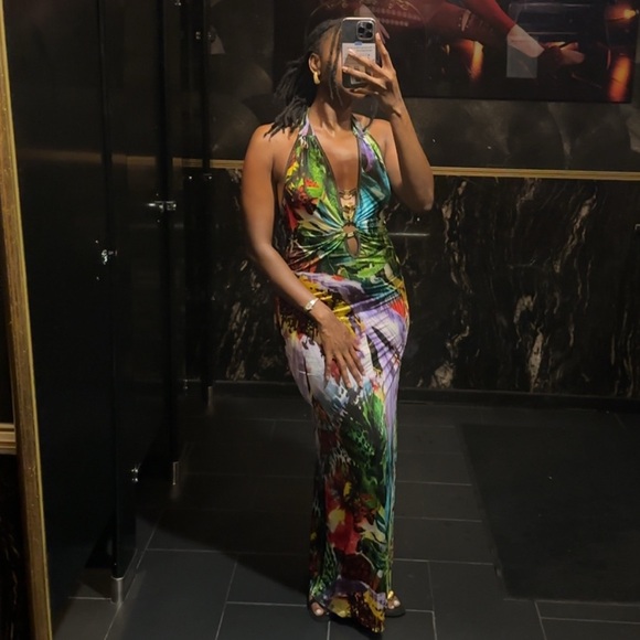 Y2K Women’s Tropical Halter Maxi Dress w/ Gold Chain Detail – Size S/M - Picture 4 of 8